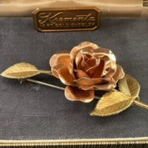 Krementz 14K gold overlay-Rose and leafs brooch-Yellow & rose gold tones